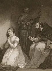 Feckenham etter ordre fra dronningen besøker Lady J. Gray i tårnet, gravert av W. Bromley, illustrasjon fra David Humes 